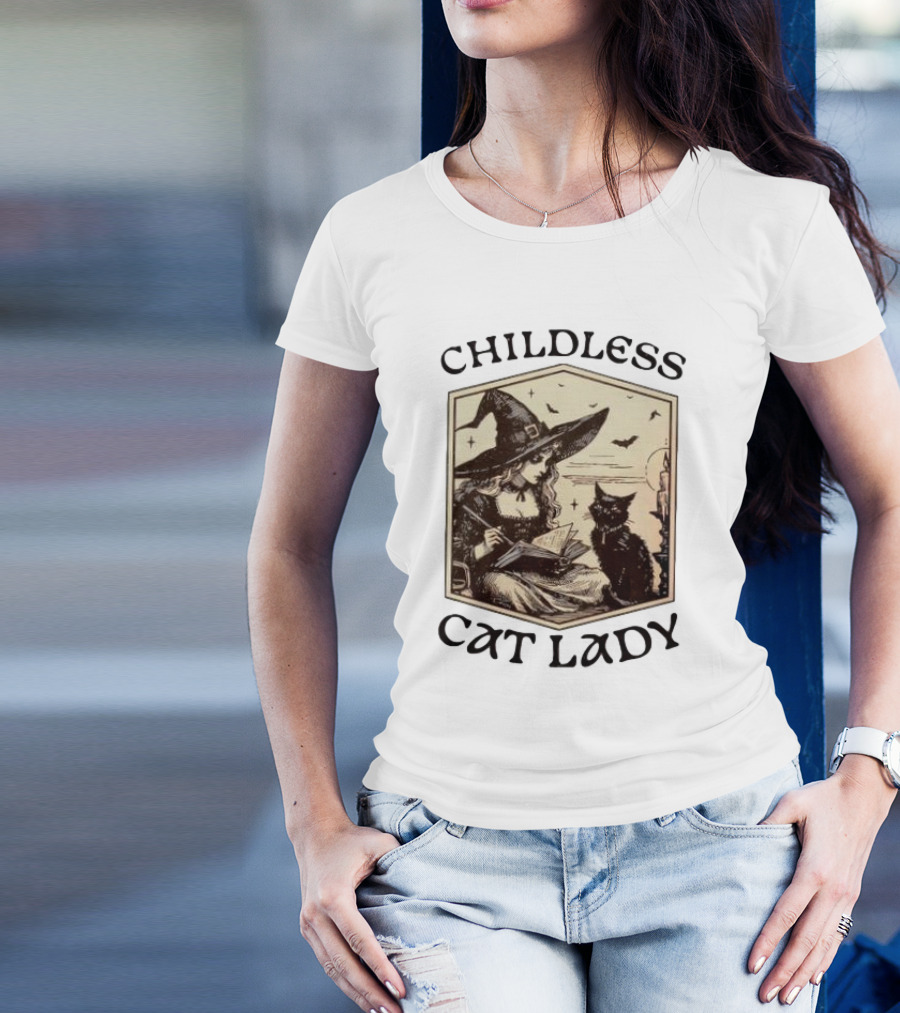Childless Cat Lady Witch With Book And Black Cat Halloween T-Shirt