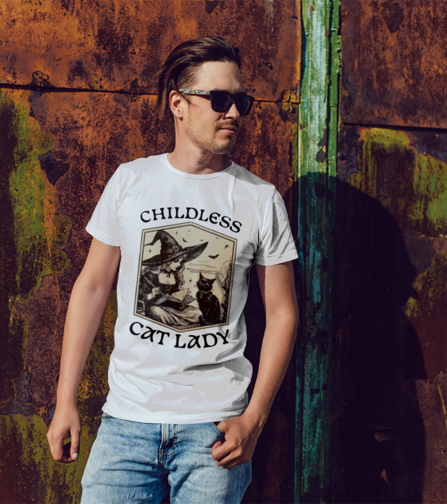 Childless Cat Lady Witch With Book And Black Cat Halloween T-Shirt