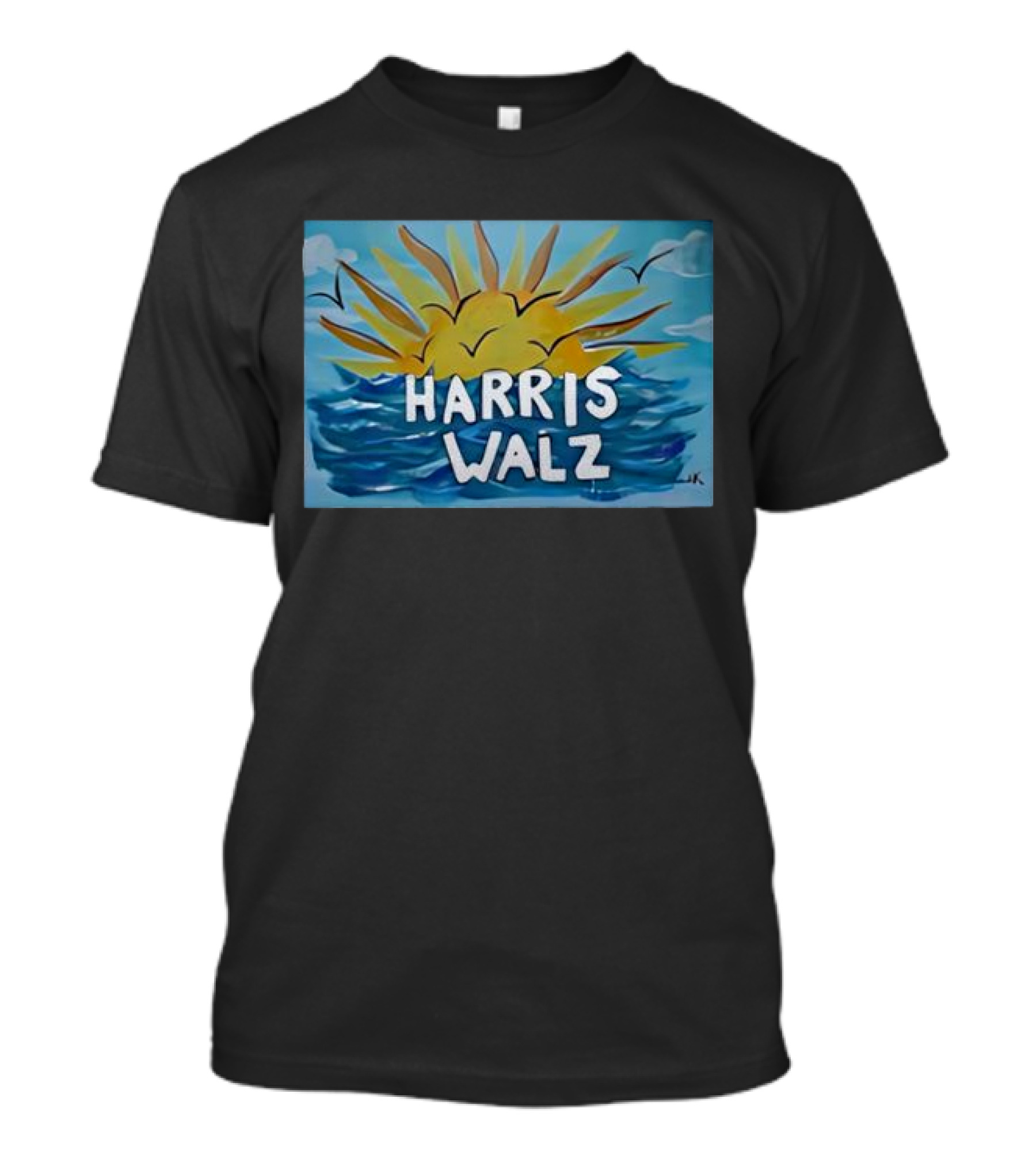 Harris Walz Sun Rising Over Blue Waves Background T-Shirt