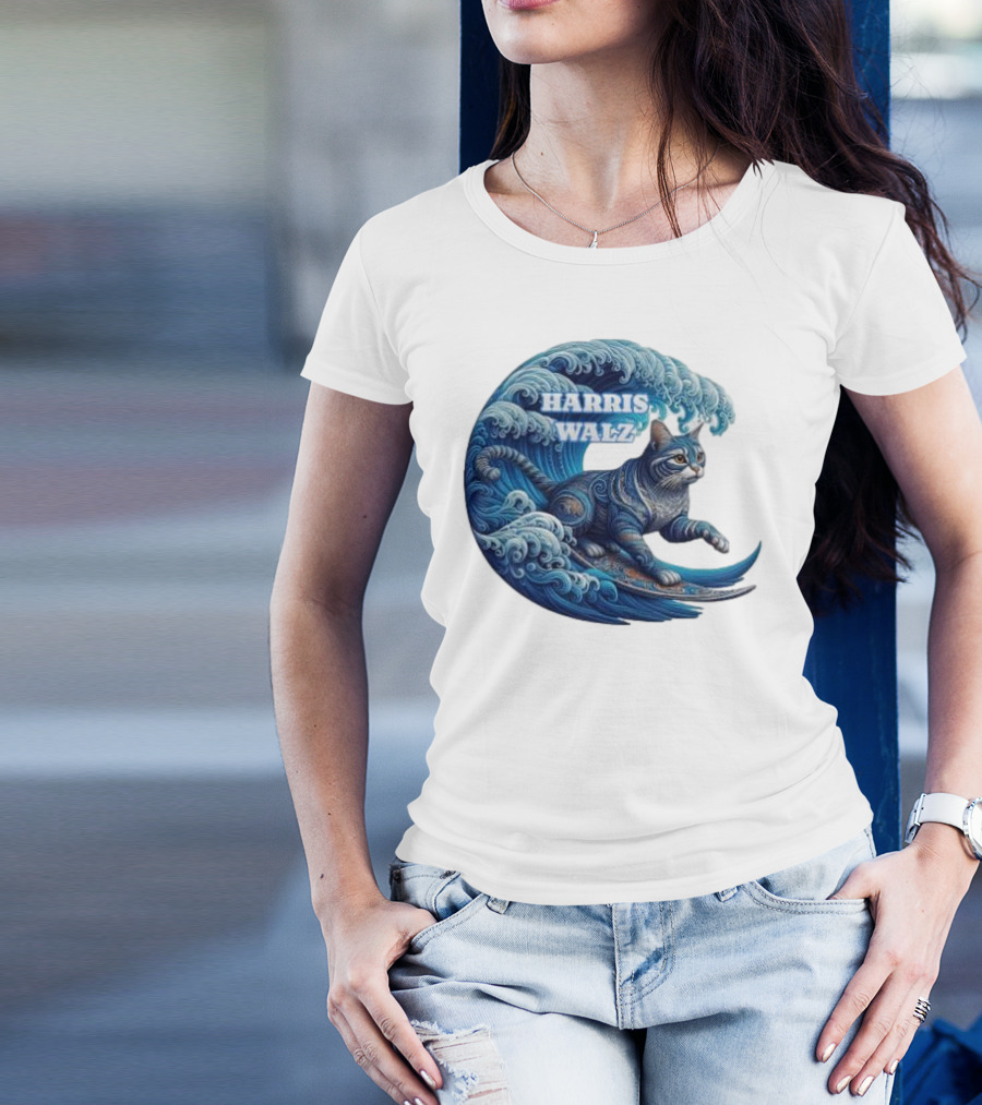 Harris Walz Blue Wave Lady Cat Surfing T-Shirt