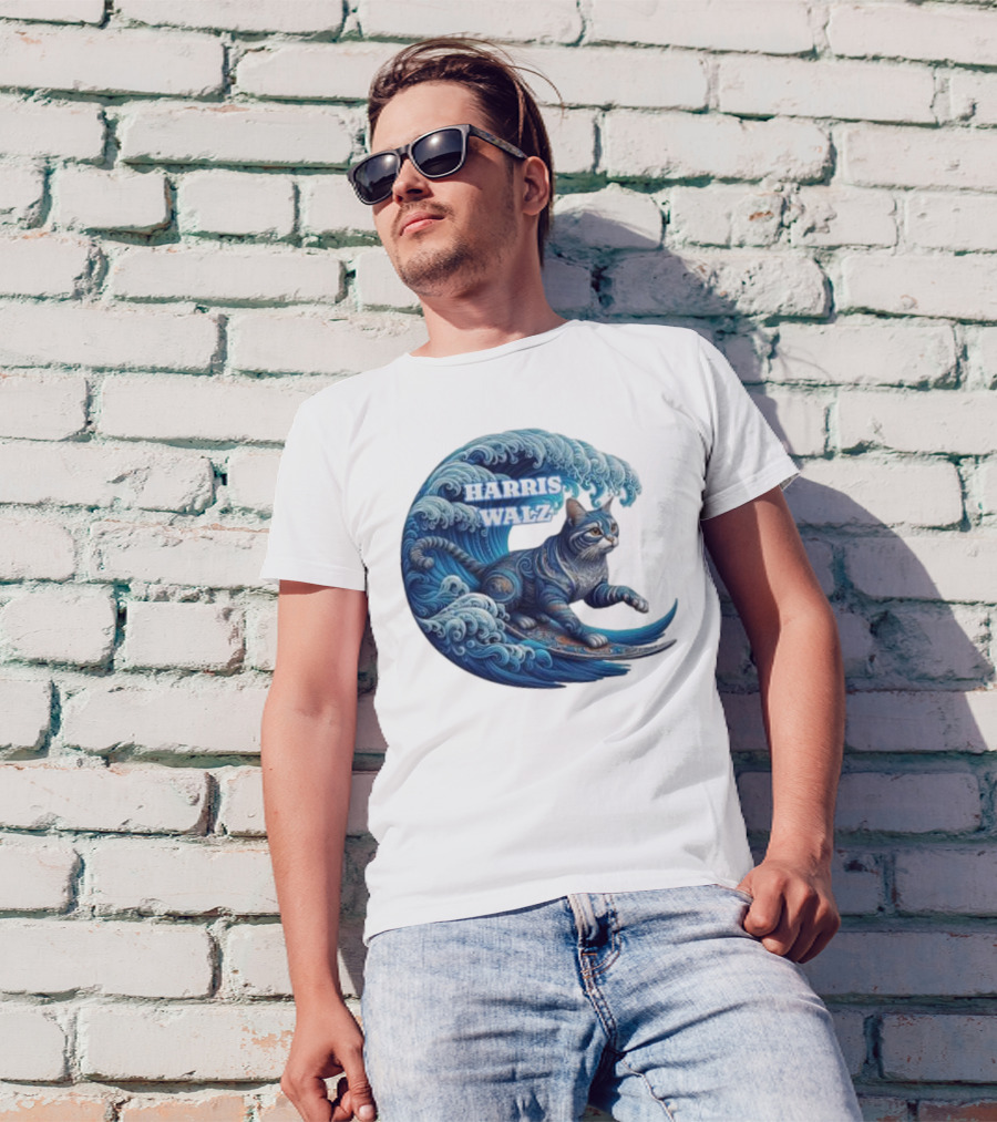 Harris Walz Blue Wave Lady Cat Surfing T-Shirt