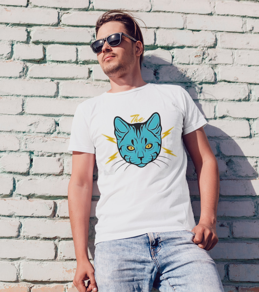The Cat Thunder Studio Blue Cat Head With Yellow Lightning Bolts T-Shirt