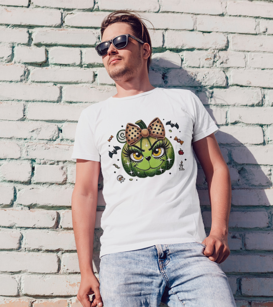 Pumpkin Girl Halloween Grinch With Bow And Halloween Icons T-Shirt