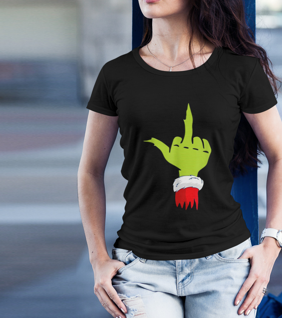 Grinch Middle Finger Merry Christmas Santa Hand Gesture T-Shirt