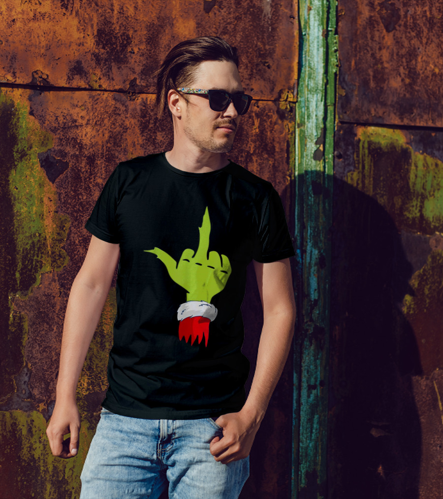 Grinch Middle Finger Merry Christmas Santa Hand Gesture T-Shirt
