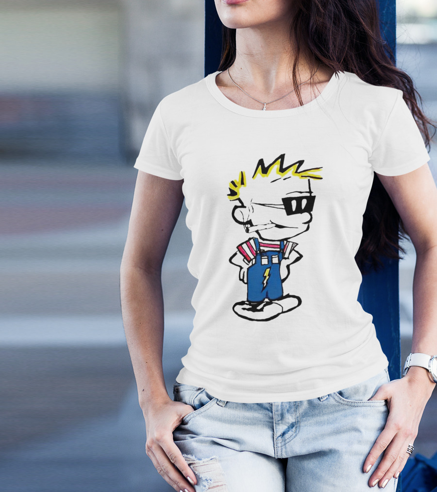 Calvin And Hobbes Spaceman Spiff Lightning Overalls Yellow Hair Sunglasses T-Shirt