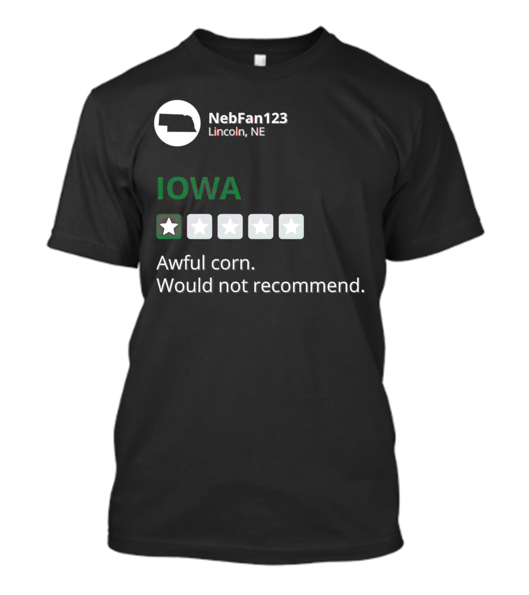 Iowa Awful Corn NebFan123 Lincoln NE Would Not Recommend T-Shirt