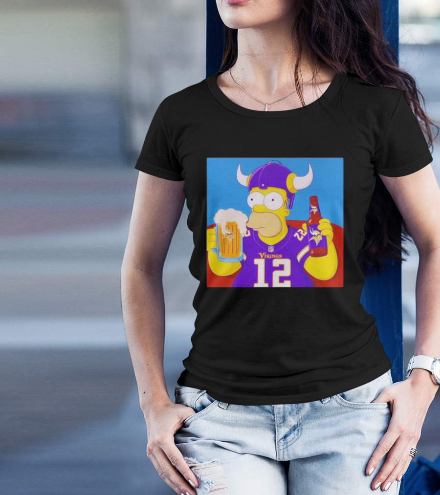 Homer Simpson In Minnesota Vikings Gear Drinking Beer T-Shirt