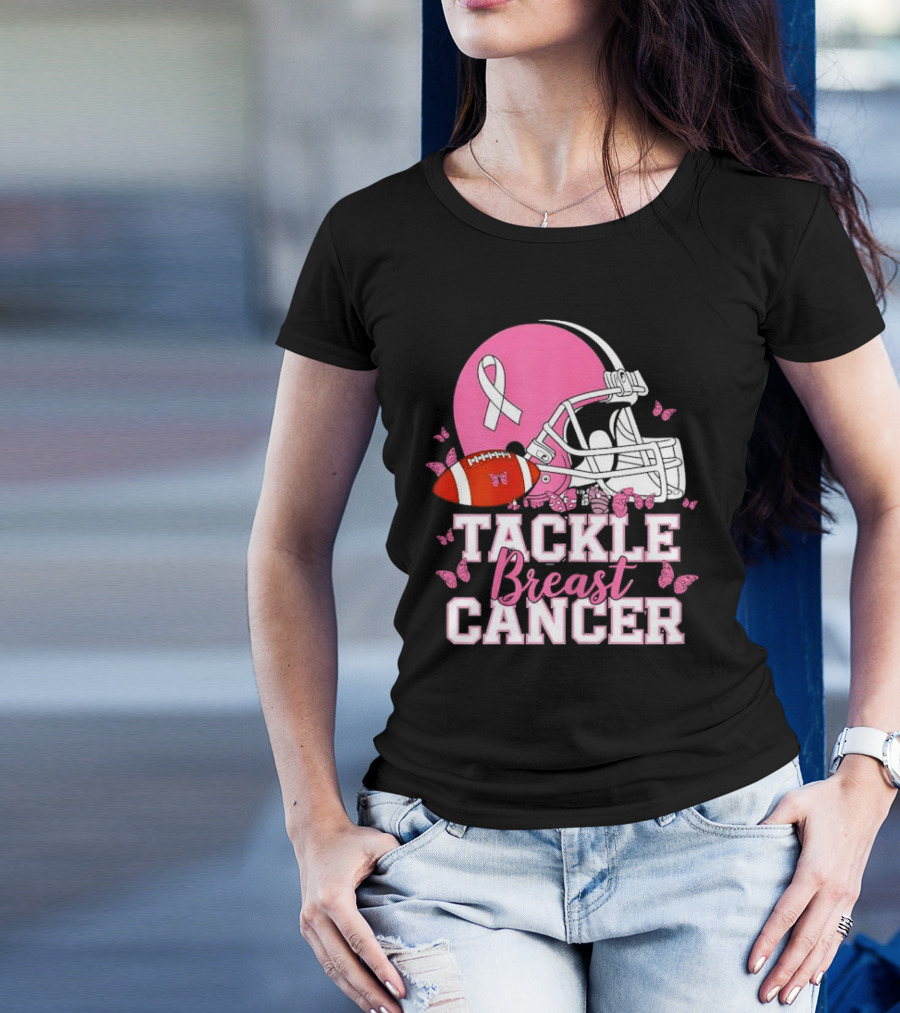 Tackle Breast Cancer Awareness Pink Football Helmet Ribbon Butterflies T-Shirt