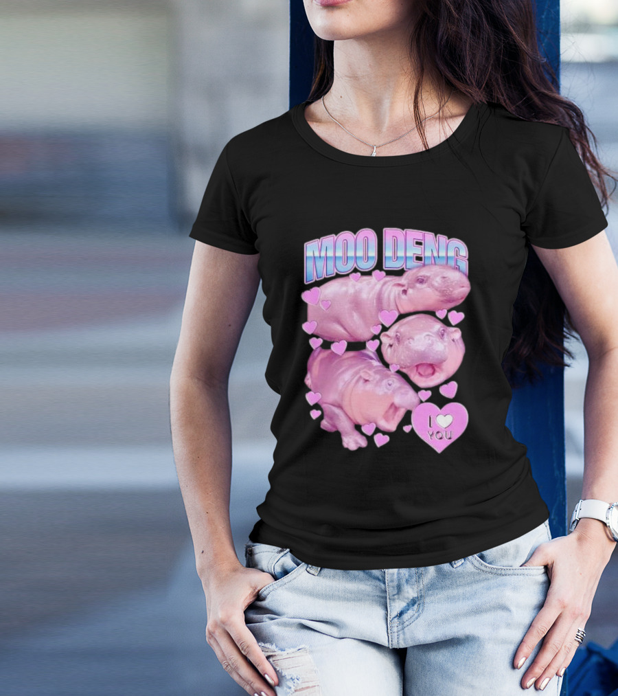 Moo Deng I Love You Pink Hippo Hearts T-Shirt