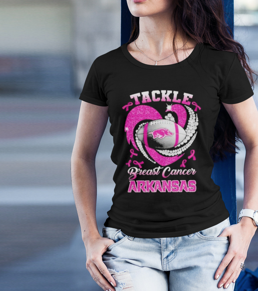 Arkansas Razorbacks Tackle Breast Cancer Pink Ribbon Heart Football T-Shirt