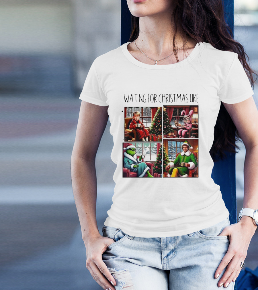 Waiting For Christmas Like Iconic Holiday Characters With Christmas Tree And Cozy Living Room Scene T-Shirt