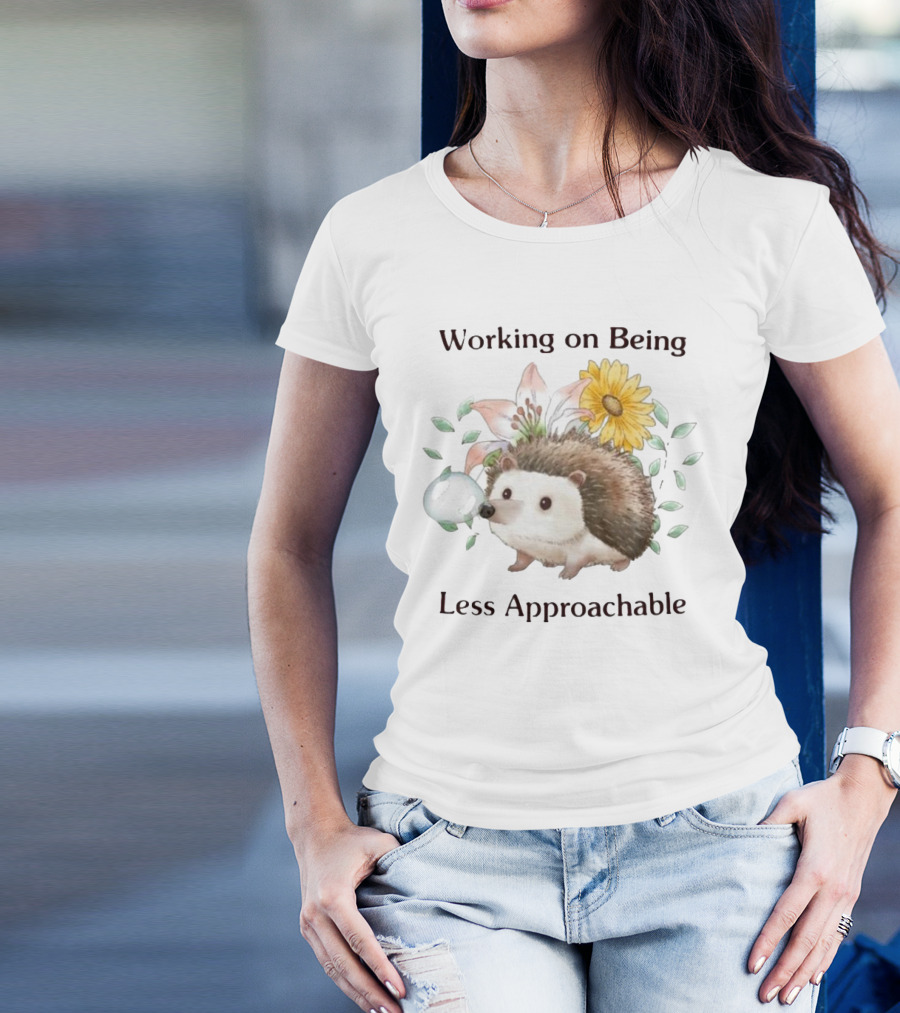 Working On Being Less Approachable Hedgehog With Flowers And Leaves T-Shirt