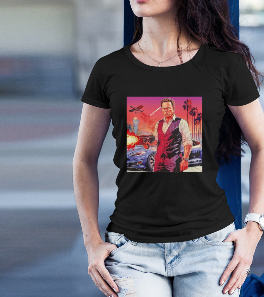 Grand Theft Auto Elon Musk Sunset Shootout With Palm Trees And Jetstream T-Shirt