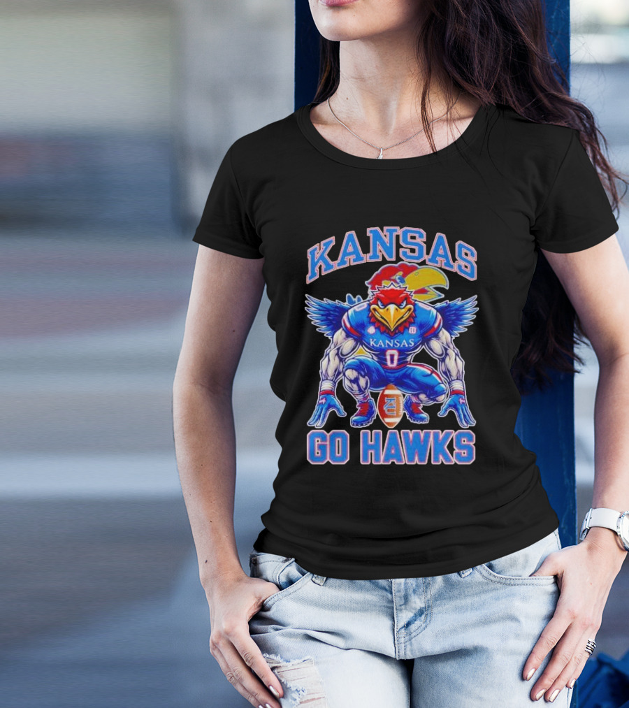 Kansas Jayhawks Go Hawks Fierce Mascot Football T-Shirt