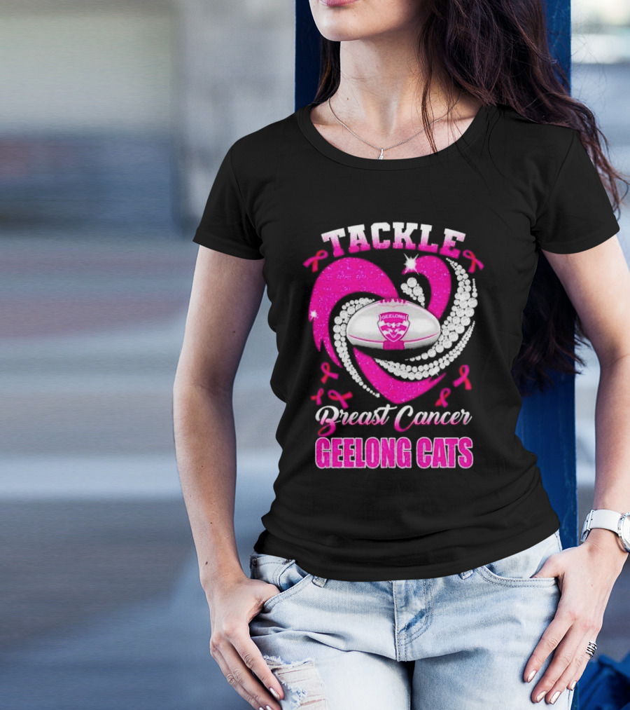 Tackle Breast Cancer Geelong Cats Pink Ribbon Football Heart T-Shirt