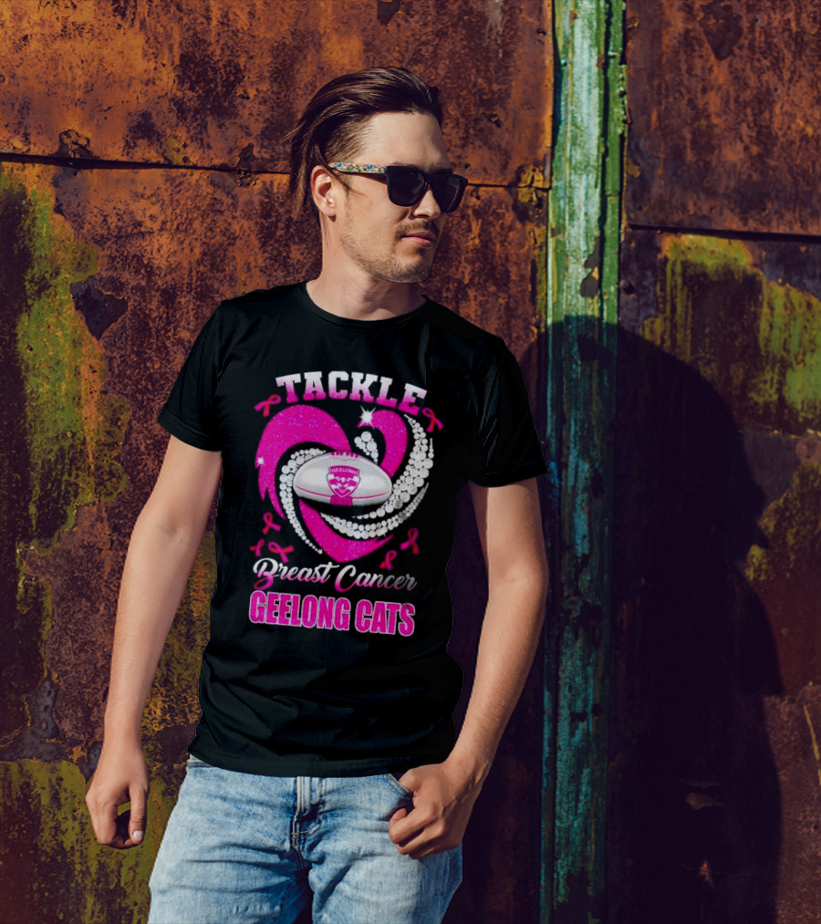 Tackle Breast Cancer Geelong Cats Pink Ribbon Football Heart T-Shirt