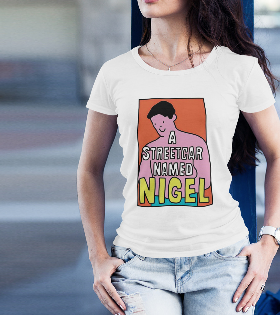 A Streetcar Named Nigel Pink Cartoon Character With Orange Background T-Shirt