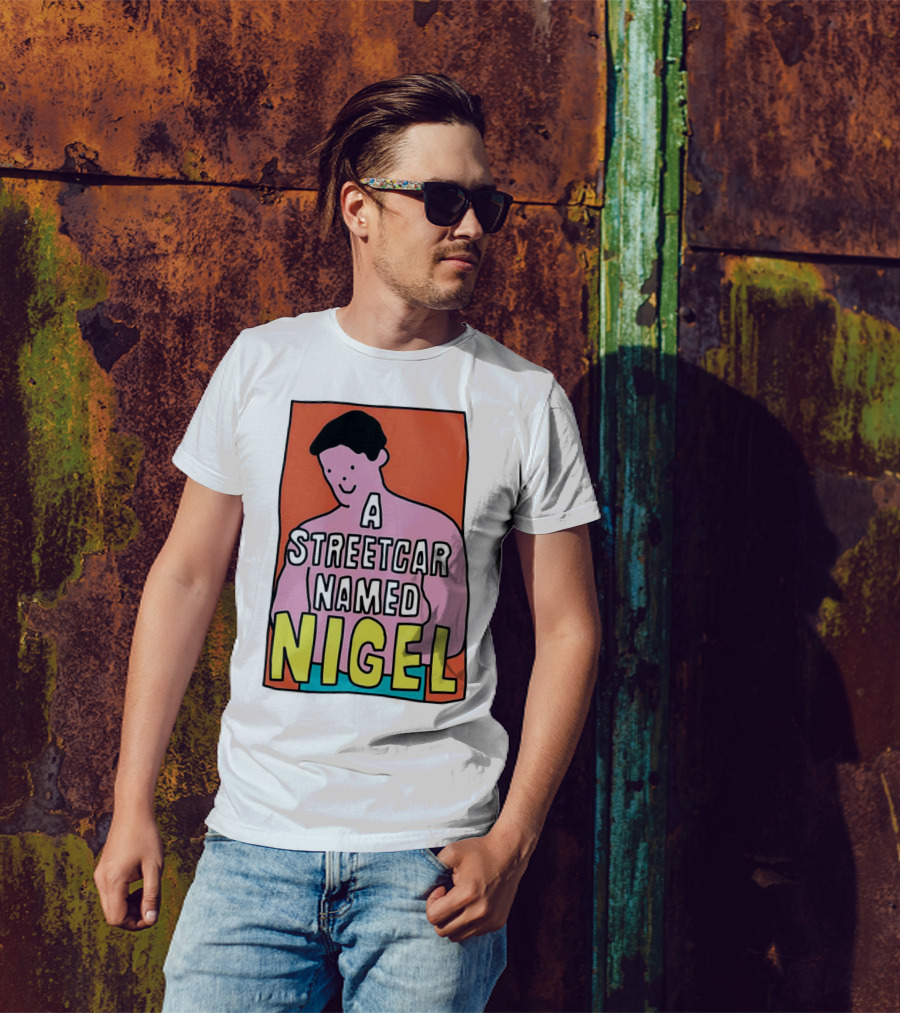 A Streetcar Named Nigel Pink Cartoon Character With Orange Background T-Shirt
