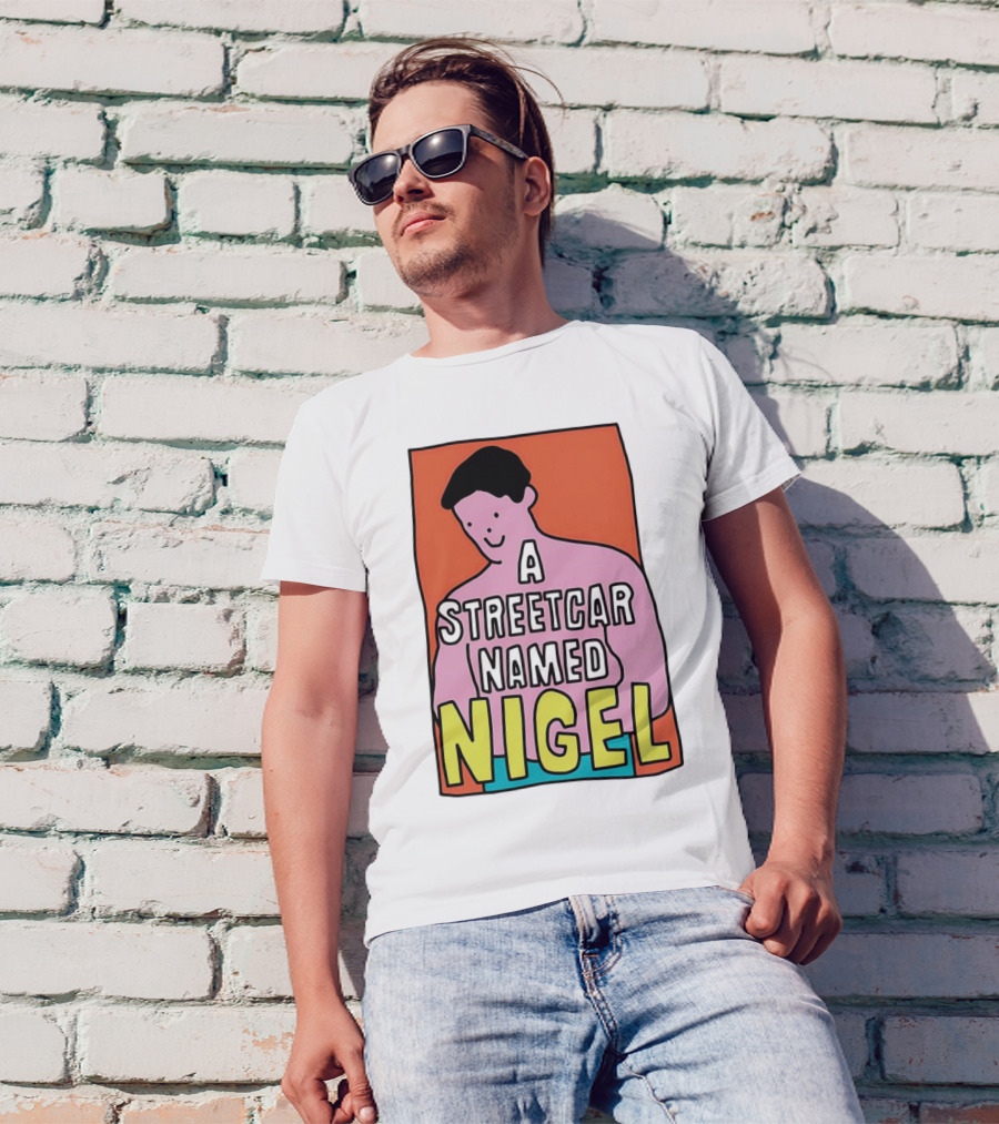 A Streetcar Named Nigel Pink Cartoon Character With Orange Background T-Shirt