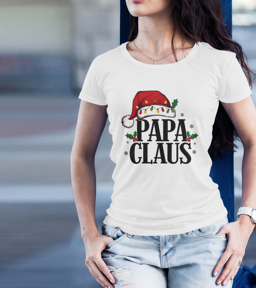 Papa Claus Christmas Santa Hat Holly Lights Snowflakes T-Shirt