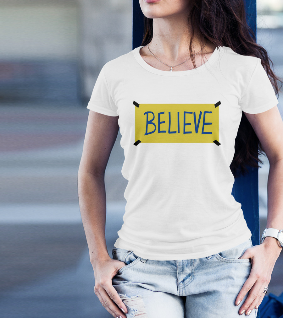 Ted Lasso Believe Sign Taped Yellow Background T-Shirt