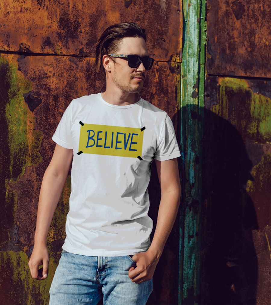 Ted Lasso Believe Sign Taped Yellow Background T-Shirt