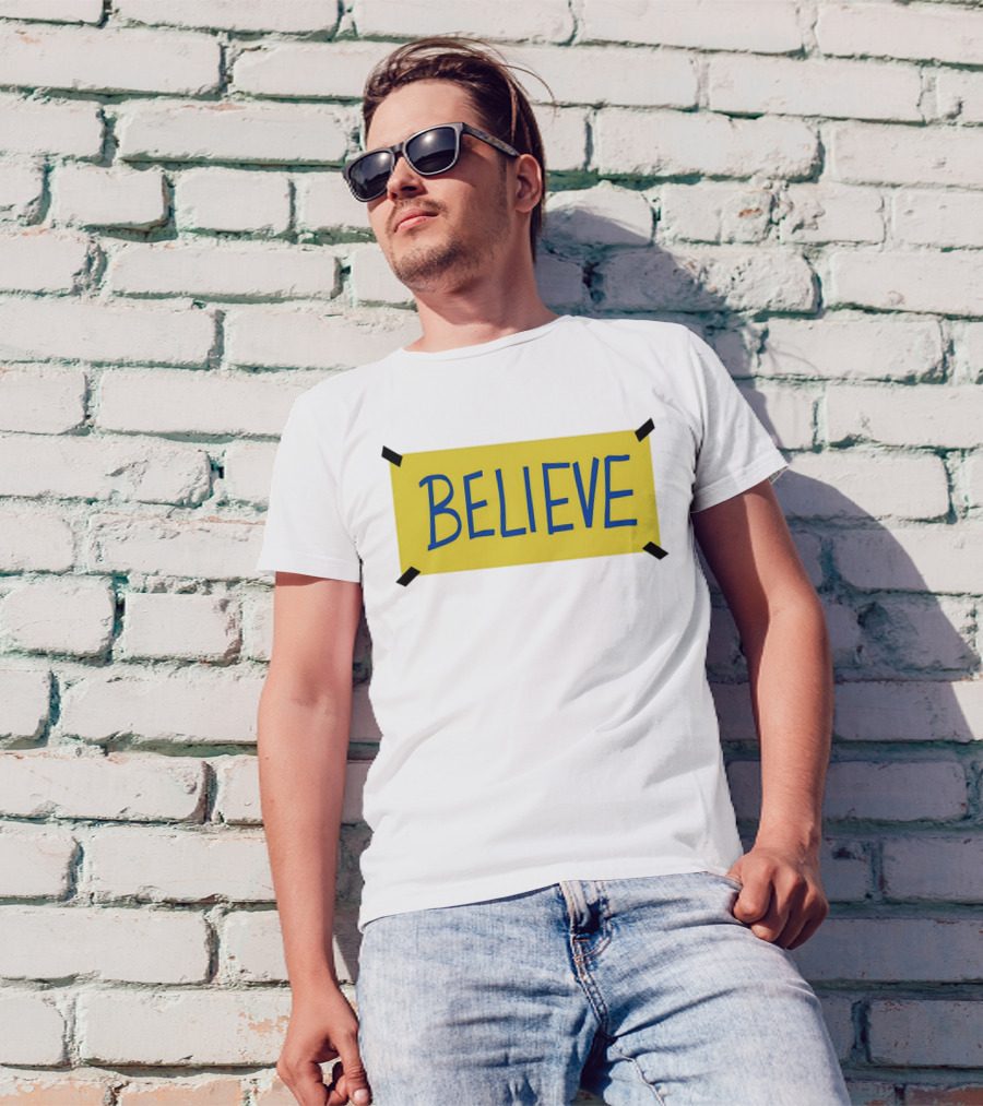 Ted Lasso Believe Sign Taped Yellow Background T-Shirt