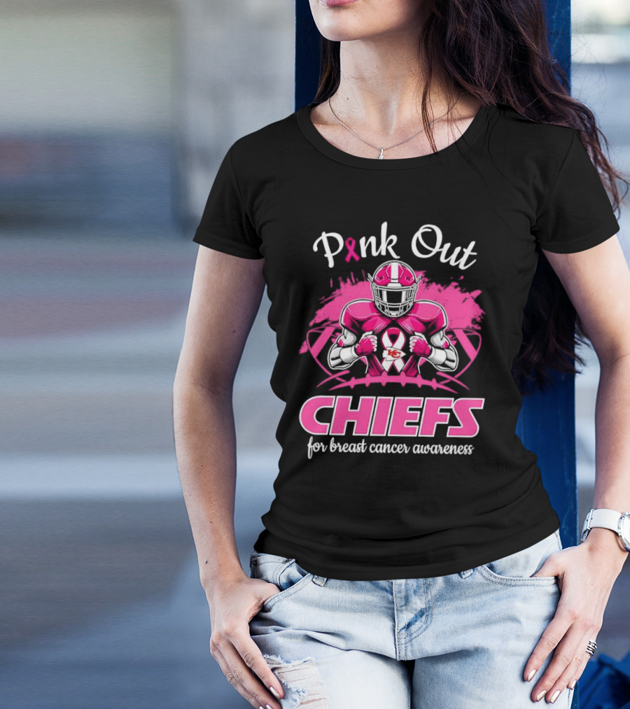 Pink Out Chiefs For Breast Cancer Awareness Football Graphics T-Shirt