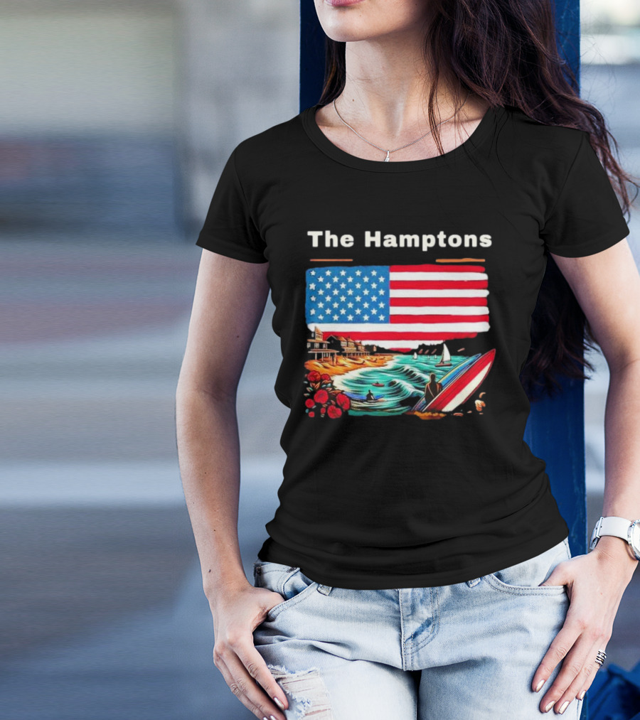 The Hamptons American Flag Beach Oceanside Surfing Scene T-Shirt