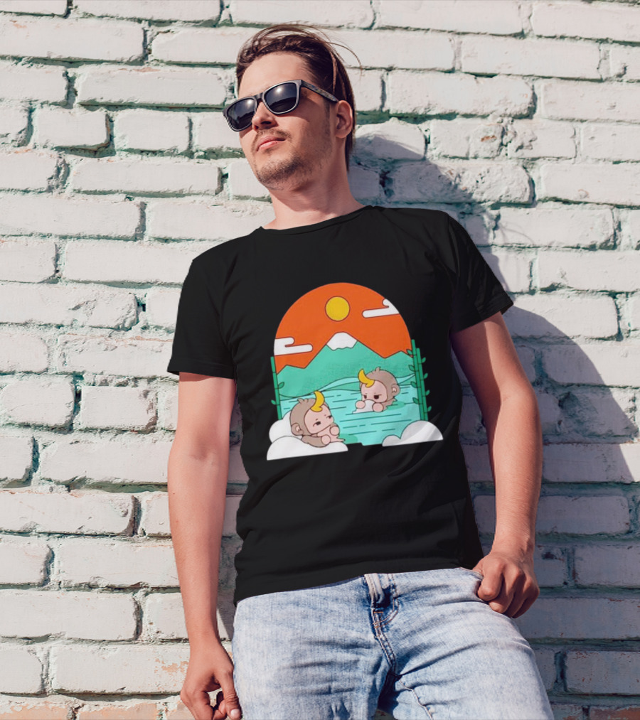 The Tranquil Monkey Hot Spring Relaxation Scene With Mountains And Sun T-Shirt