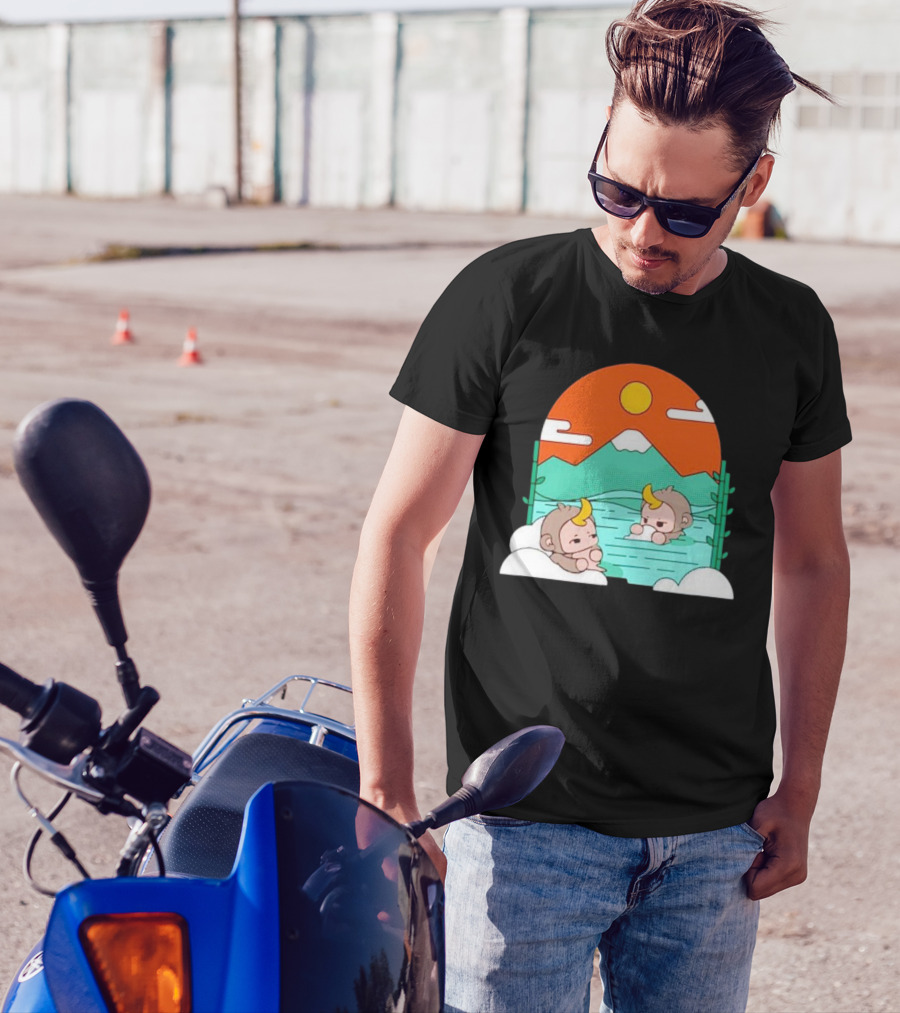 The Tranquil Monkey Hot Spring Relaxation Scene With Mountains And Sun T-Shirt