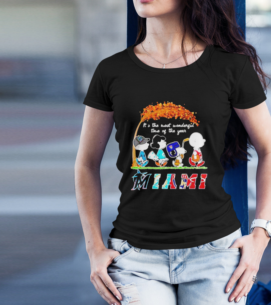 Miami Sports Peanuts Characters Walking Fall It's The Most Wonderful Time Of The Year T-Shirt