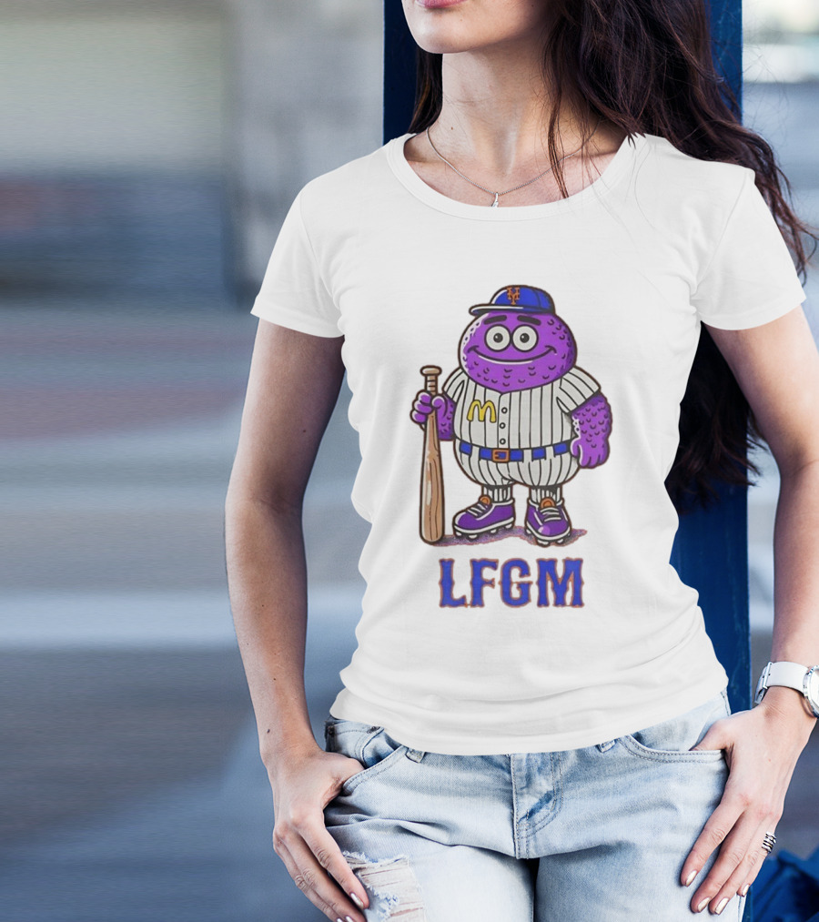 LFGM New York Mets Grimace Cartoon Baseball Bat Character T-Shirt