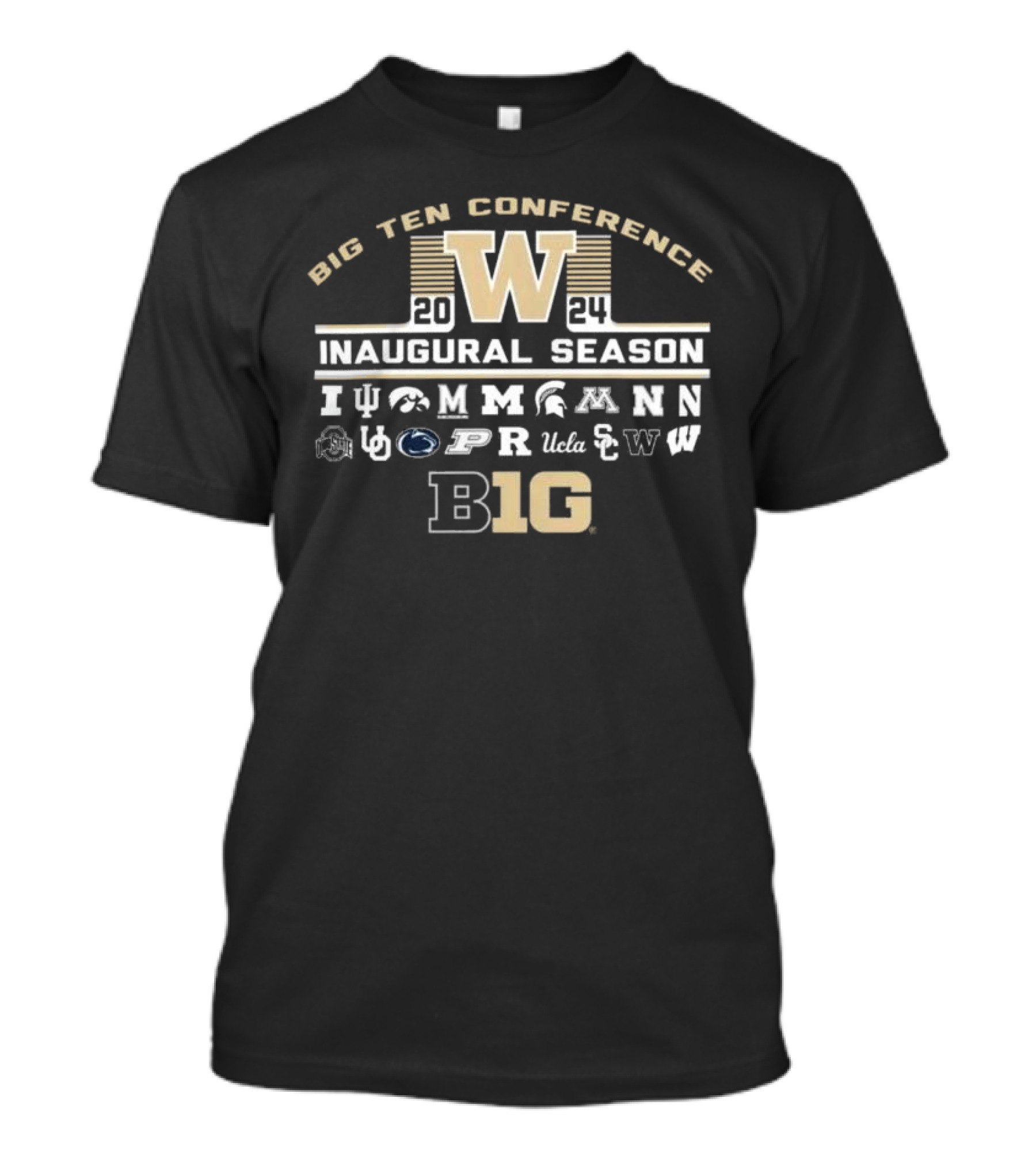 Washington Huskies Big Ten Conference 2024 Inaugural Season Multi Team T-Shirt
