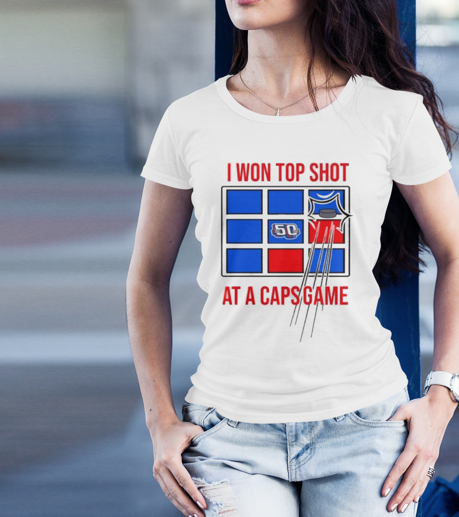 I Won Top Shot At A Caps Game 2024 Hockey Puck 50 Blue Red T-Shirt