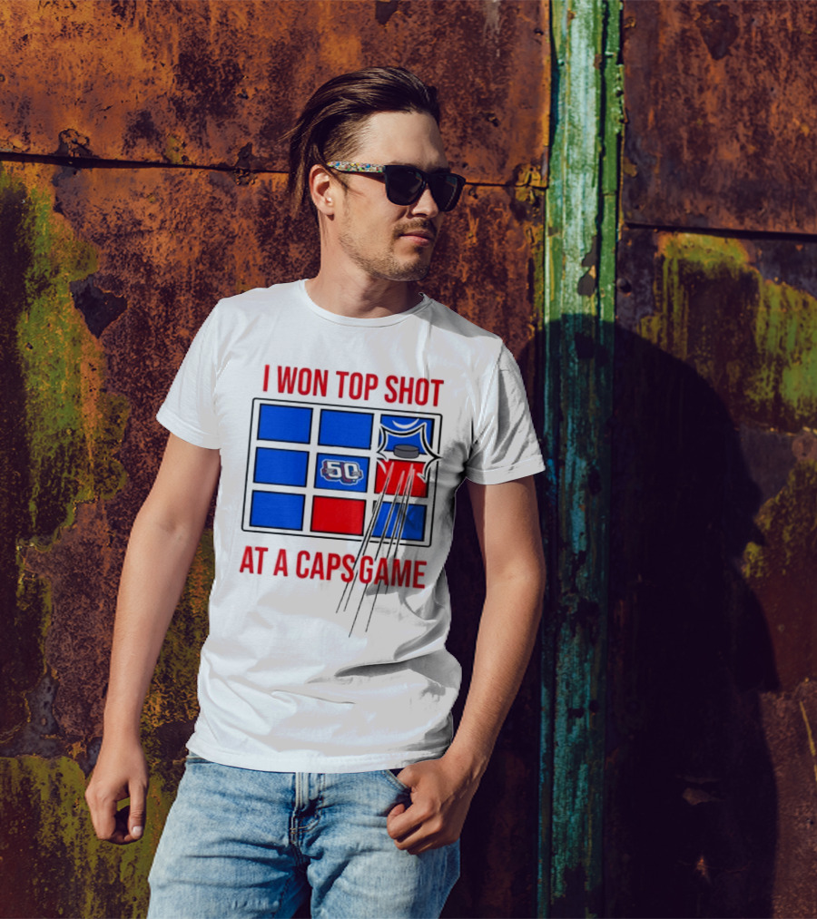 I Won Top Shot At A Caps Game 2024 Hockey Puck 50 Blue Red T-Shirt