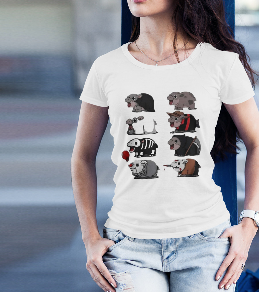 Scary Hippo Moo Deng In Horror Iconic Film Characters T-Shirt