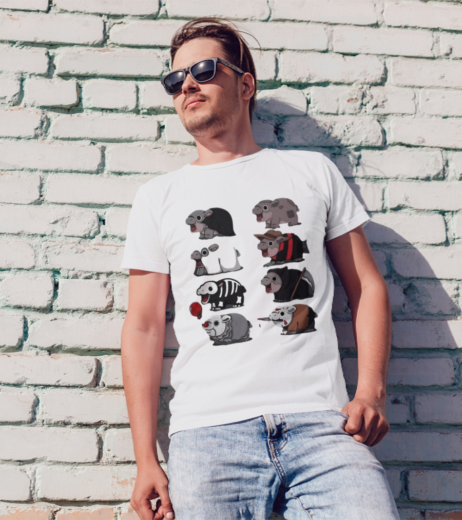 Scary Hippo Moo Deng In Horror Iconic Film Characters T-Shirt