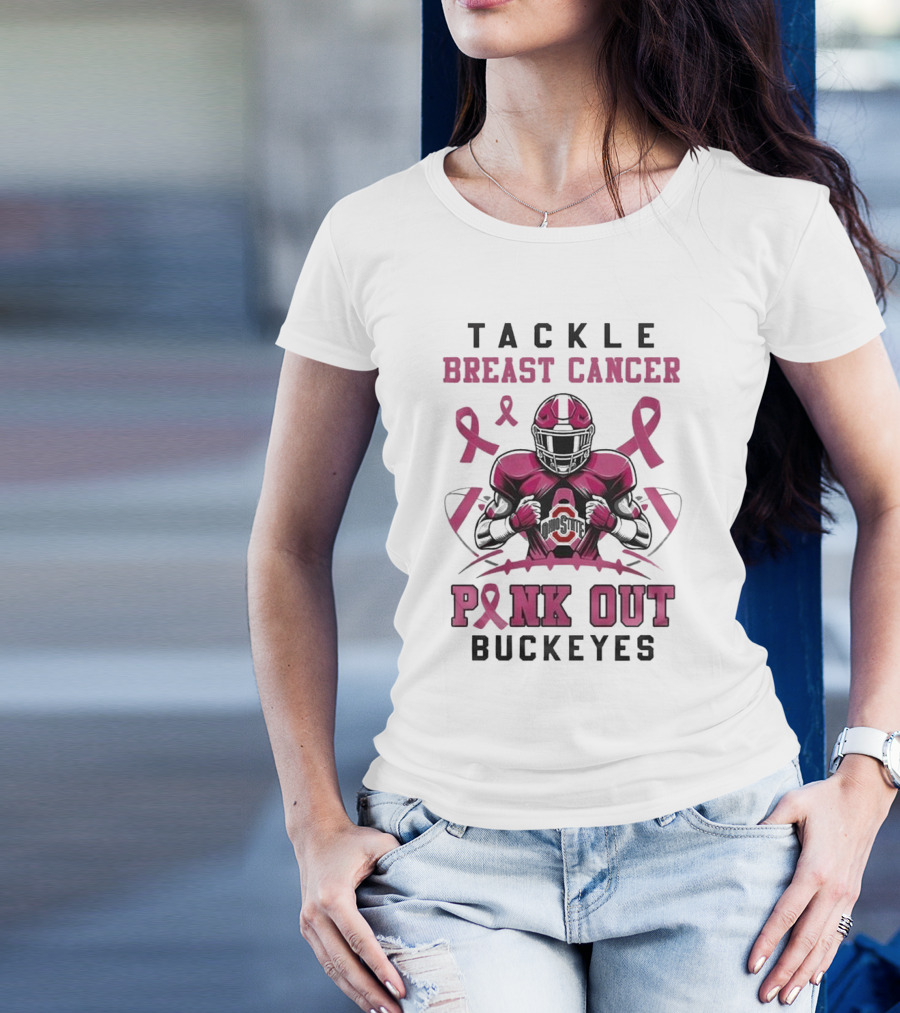 Ohio State Buckeyes 2024 Pink Out Tackle Breast Cancer Ribbon Football T-Shirt
