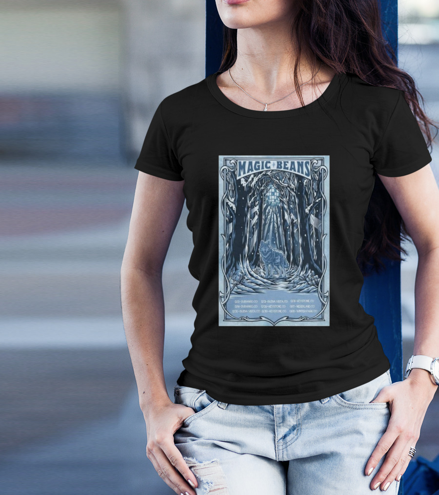 Magic Beans 2024 Colorado Winter Tour Durango To Winter Park Wolf In Snowy Forest Art Deco T-Shirt