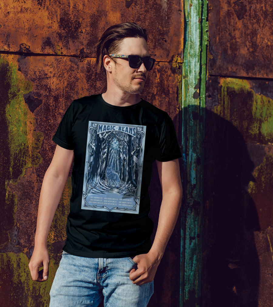 Magic Beans 2024 Colorado Winter Tour Durango To Winter Park Wolf In Snowy Forest Art Deco T-Shirt