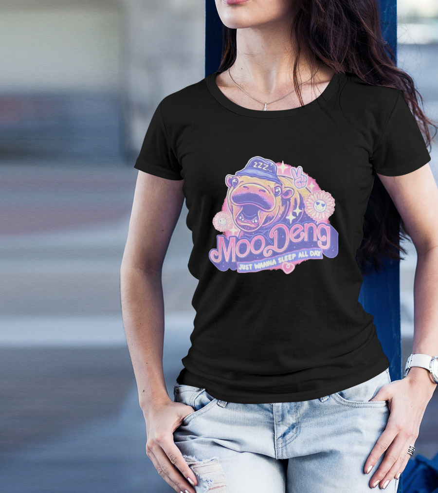 Moo Deng ZZZ Peaceful Sleep All Day With Flowers And Hearts T-Shirt