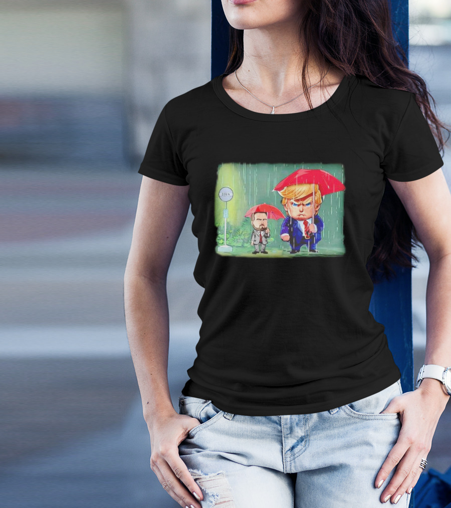 Trump And Vance Standing In The Rain 2024 Umbrellas Cartoon T-Shirt