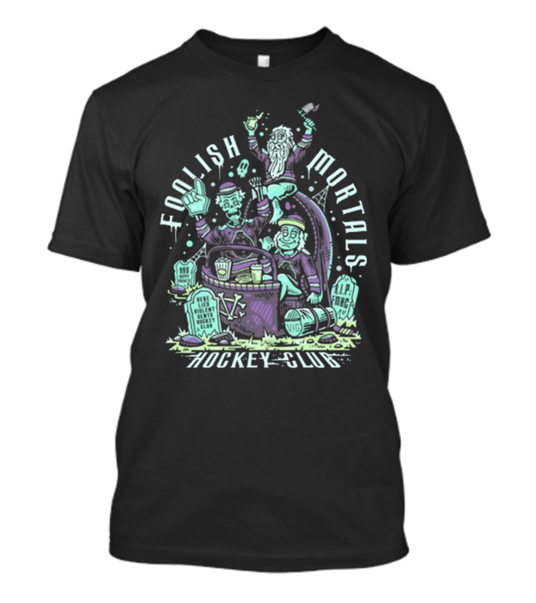 Foolish Mortals Hockey Club With Tombstones And Ghostly Characters T-Shirt