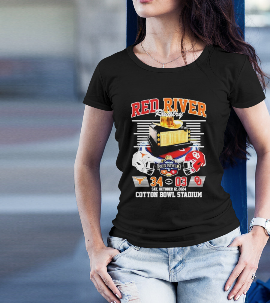 Red River Rivalry Texas Longhorns Vs Oklahoma Sooners 34 03 Sat October 12 2024 Cotton Bowl Stadium T-Shirt
