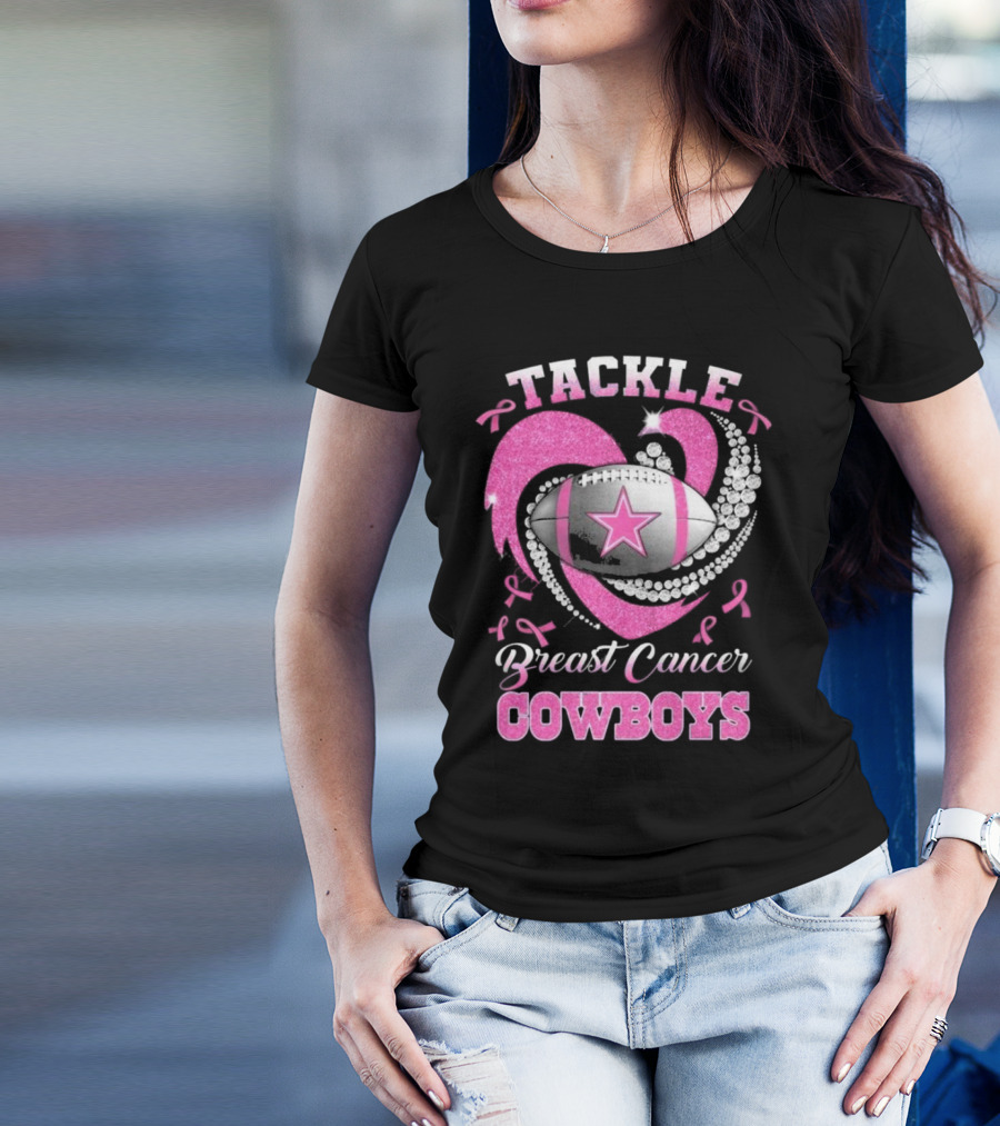 Tackle Breast Cancer Cowboys Heart Football Diamond Pink T-Shirt