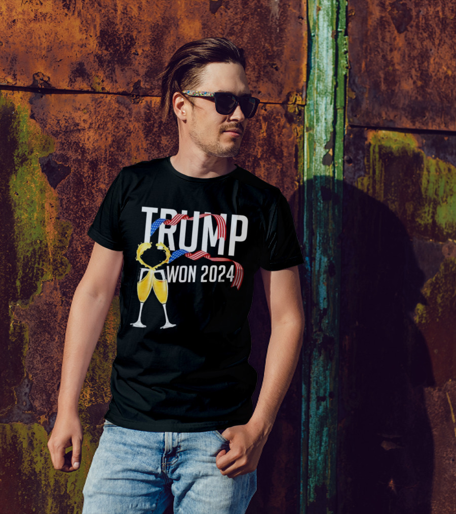 Trump Won 2024 Celebration Champagne Glasses With American Flag T-Shirt