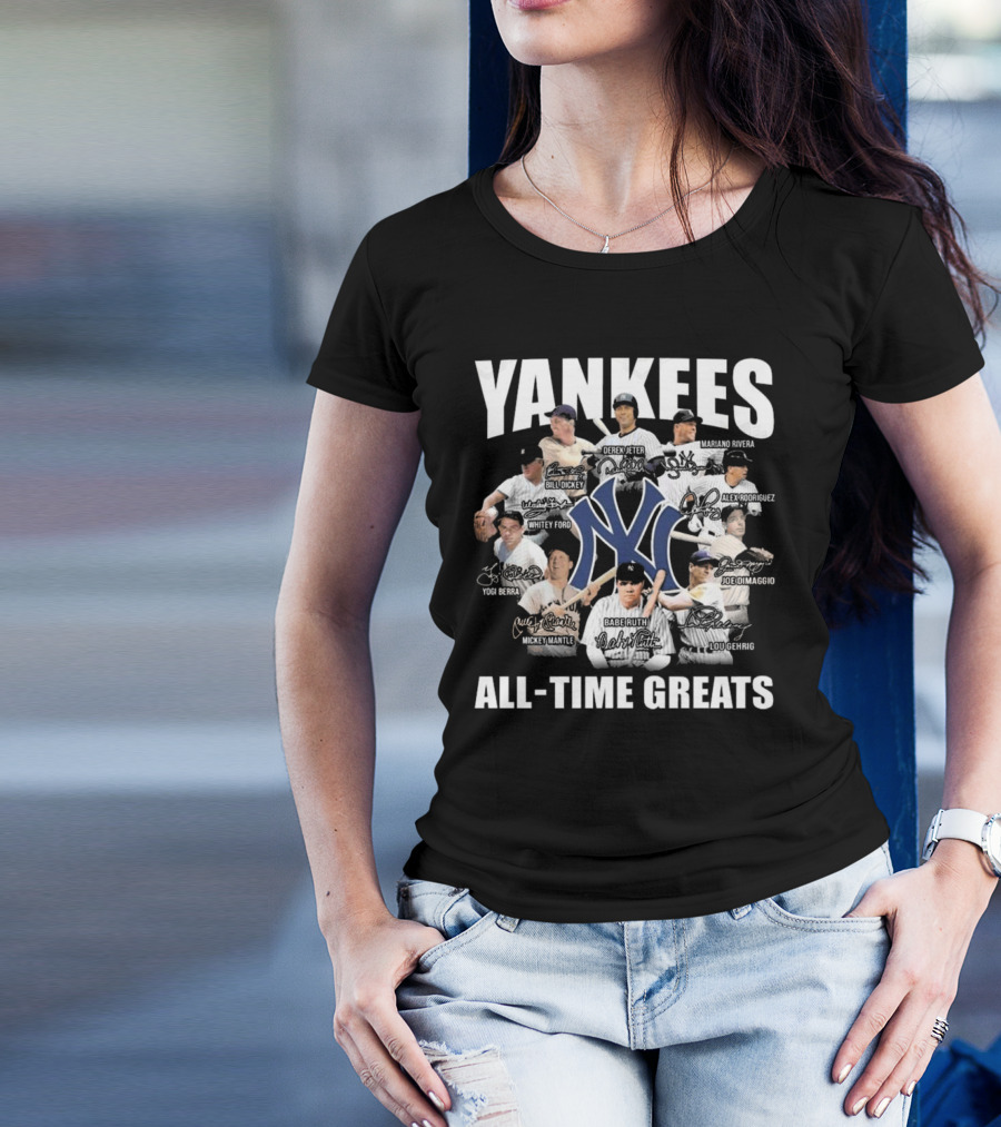 Yankees All-Time Greats Signature Celebrating Derek Jeter Babe Ruth Lou Gehrig Mariano Rivera Mickey Mantle T-Shirt
