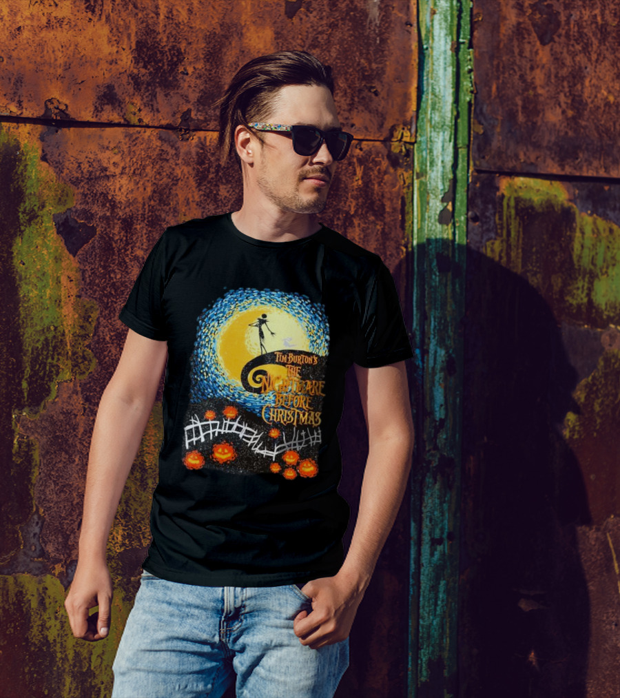 Tim Burton's The Nightmare Before Christmas Starry Night Vintage Pumpkin Fence T-Shirt